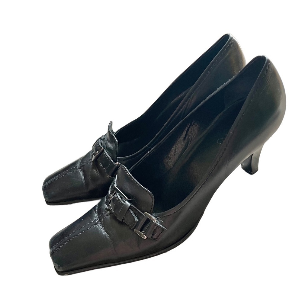 Franco Sarto 90s Vintage Pointed Square Toe Black Leather Buckle Pump Heel 8.5